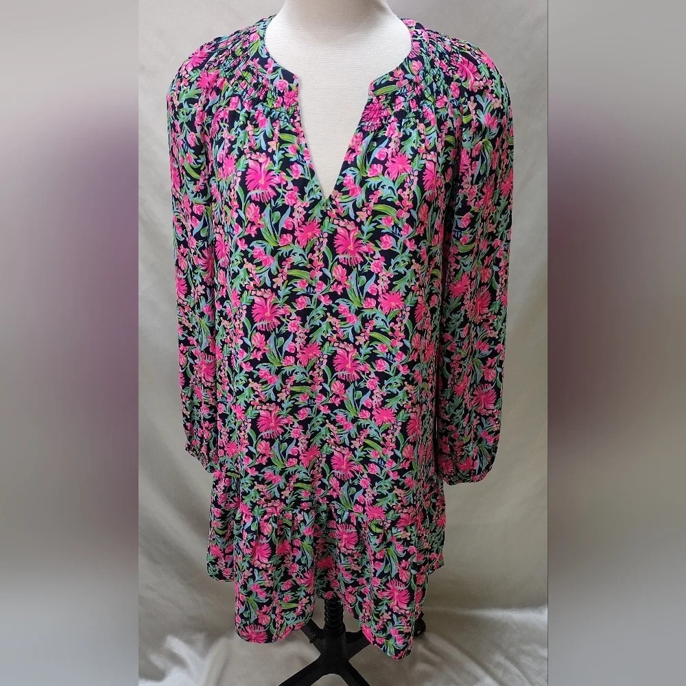 LILLY PULITZER LOW TIDE NAVY GARDEN VARIETY LUCEE LONG SLEEVE DRESS Small EUC